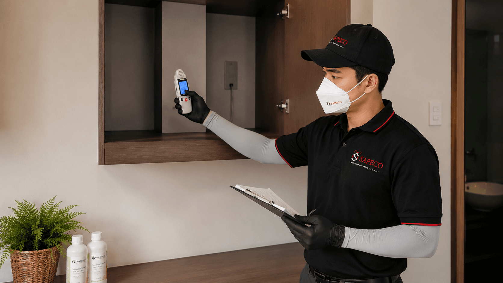 Kỹ thuật viên SAPECO vận hành thiết bị xử lý Formaldehyde