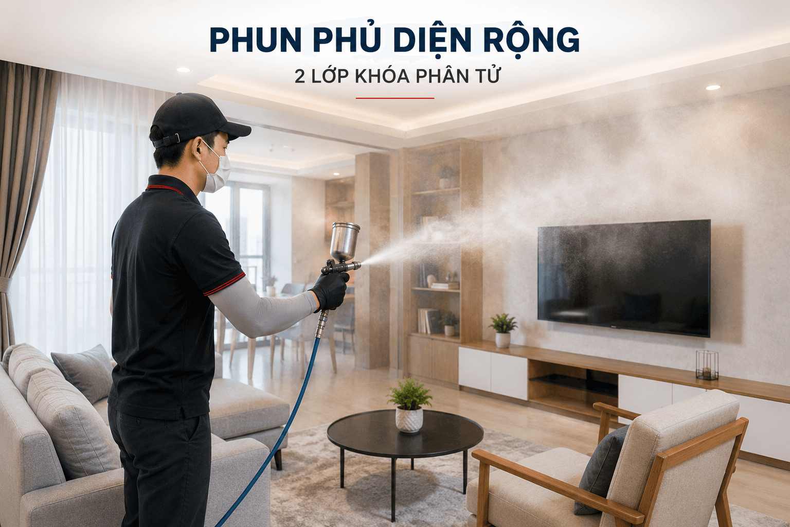 Giai đoạn 6: Phun dung dịch bao phủ diện rộng toàn bộ không gian (phun 2 lớp khóa phân tử)